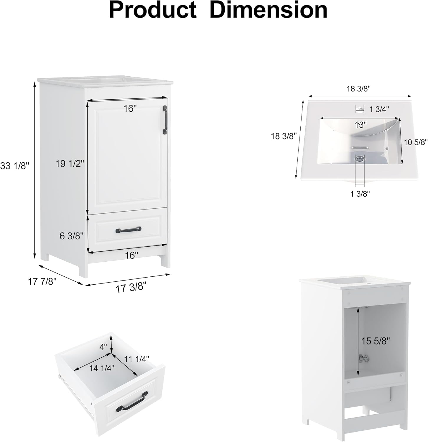 Freestanding Bathroom Vanity with Ceramic Sink, Large Storage Cabinet with Drawers, Metal Handles,Modern Undermount Sink Vanity Combo for Master Bathroom, White (Recessed Panel, 18 Inch)