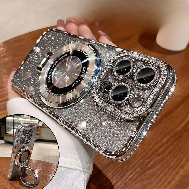 OUROL Funda magnética con función atril (protector de lente con brillantina) para iPhone 15 Pro Max (compatible con Magsafe) (diamante brillante),