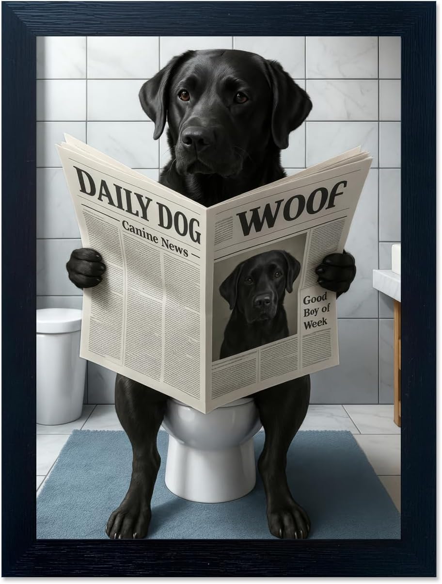 Funny Dog Bathroom Wall Art - Framed Black and White Bathroom Wall Decor, Humorous Dog Picture Wall Decor with Cute Animal Canvas, Modern Farmhouse Style Restroom Sign Art for Toilet & Washroom 11"x14"