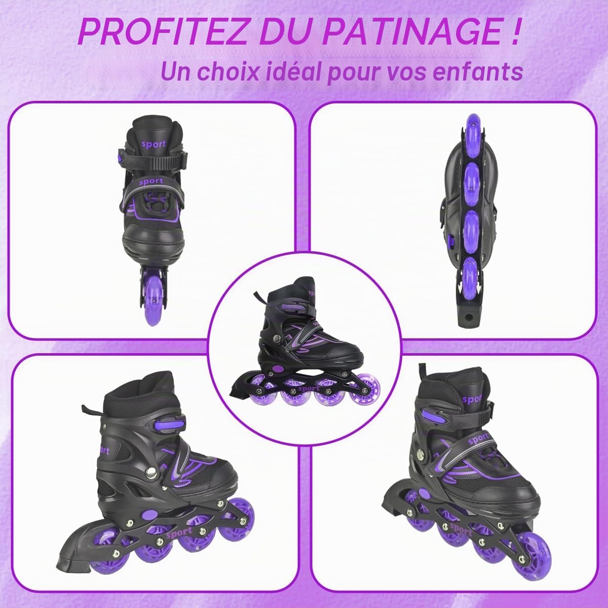 Patins à roulettes en ligne réglables pour enfants débutants, violet et bleu