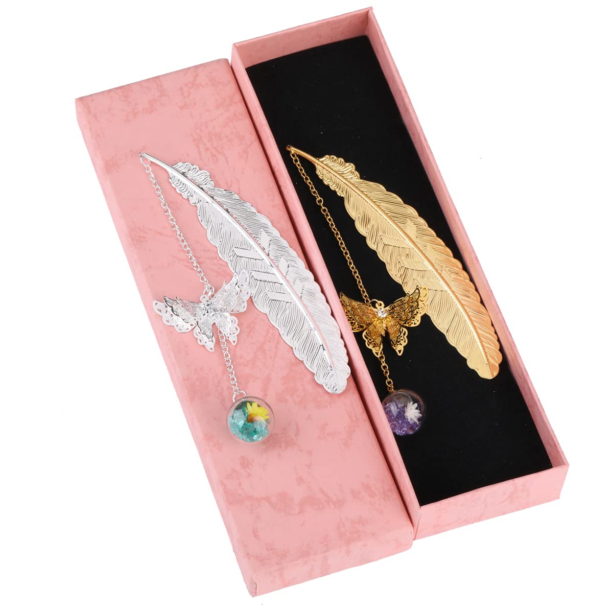 Rluobo 2Pcs Marcapáginas de Metal, Marcapáginas 3D Mariposa Star Bead Pendant para Mujeres/Maestras/Hijas/Bibliotecas, Marcadores personalizados, Marcador para niñas, Regalo creativo