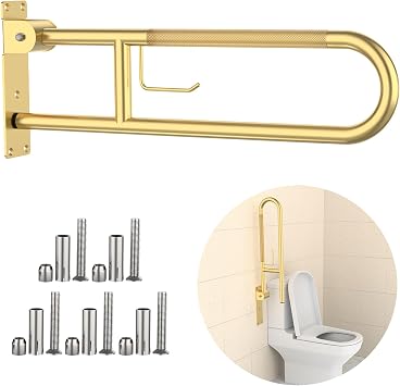 Toilet Grab Bar 32 Inch, YuanDe Flip Up Grab Bar with Paper Holder, Brushed Gold Anti-Slip Safety Bars for Toilet, Stainless Steel Knurled Toilet Handles for Seniors Disabled Elderly Pregnant