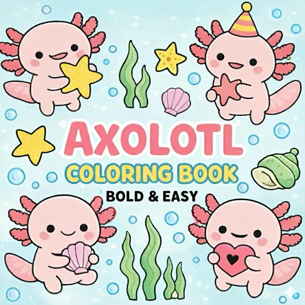 Axolotl Coloring Book: Cute and Easy Kawaii Coloring Pages for All Ages , Simple Stress Relief Cute Axolotls Designs.