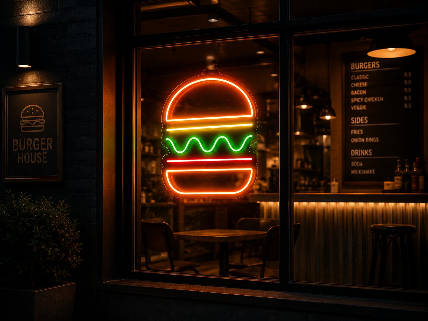 Carteles Luz de Neon Señales Iluminación Ambiente Interior Bebidas Cerveza Vaso de Café Taza de Té para Decoración Bar Restaurante Club Nocturno Ambiente (Personalizable Hamburguesa Simple, 55 CM)