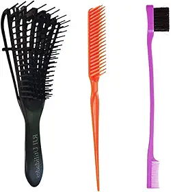 Kit Escova Cabelo Polvo Cabelo Cacheado + Pente 3 Fileiras Fitagem + Pente Sobrancelha Baby Hair Modelagem
