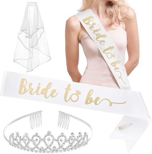 Kit de decoración de fiesta para novias. Accesorios para ajuar de novia, faja, tiara, bandas doradas y plateadas, velos y tatuajes