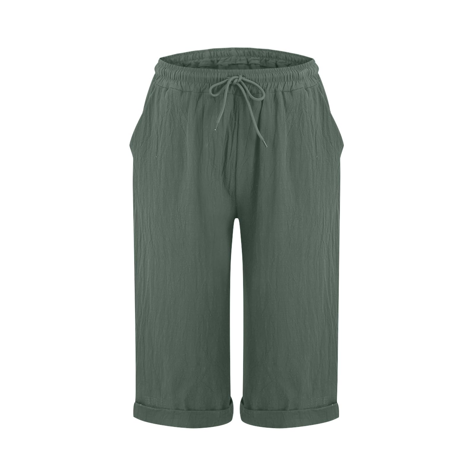 Short Long Femme Ete Fluide Short Femme Coton Lin Leger Taille Haute Bermuda Taille Elastique Pantalon Court Décontracté Couleur Unie Confortable Ample Pantalon de Plage avec Poches