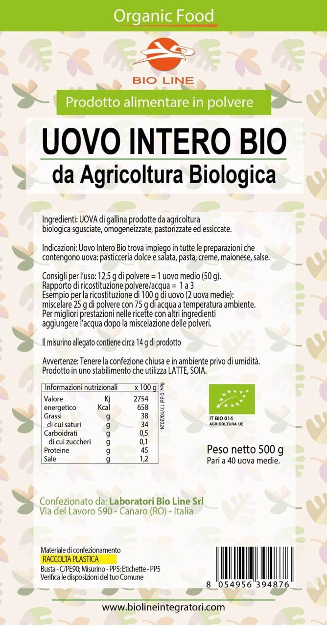 Laboratori Bio line - Uovo Intero in Polvere Bio da Agricoltura Biologica (500g) Prodotto Alimentare Ottenuto da Uova di Gallina, Indicato per Preparazione Dolci e Alimenti da Forno (500gr, Biologico)