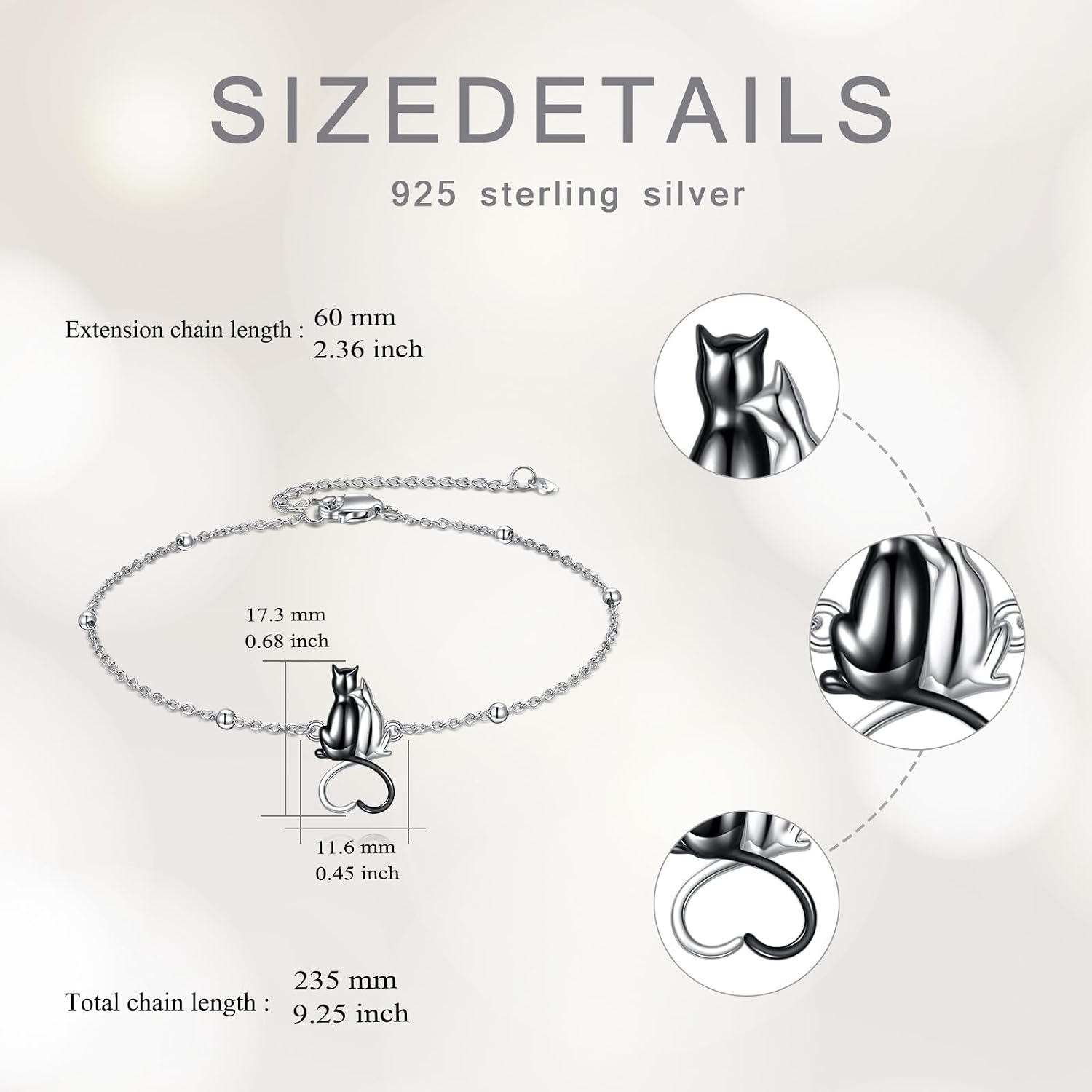 AOBOCO 925 Sterling Silver Cute Cat Kitty Bracelet Adjustable Link Chain, Cat Jewelry Gifts for Cat Lovers 7-9 inches