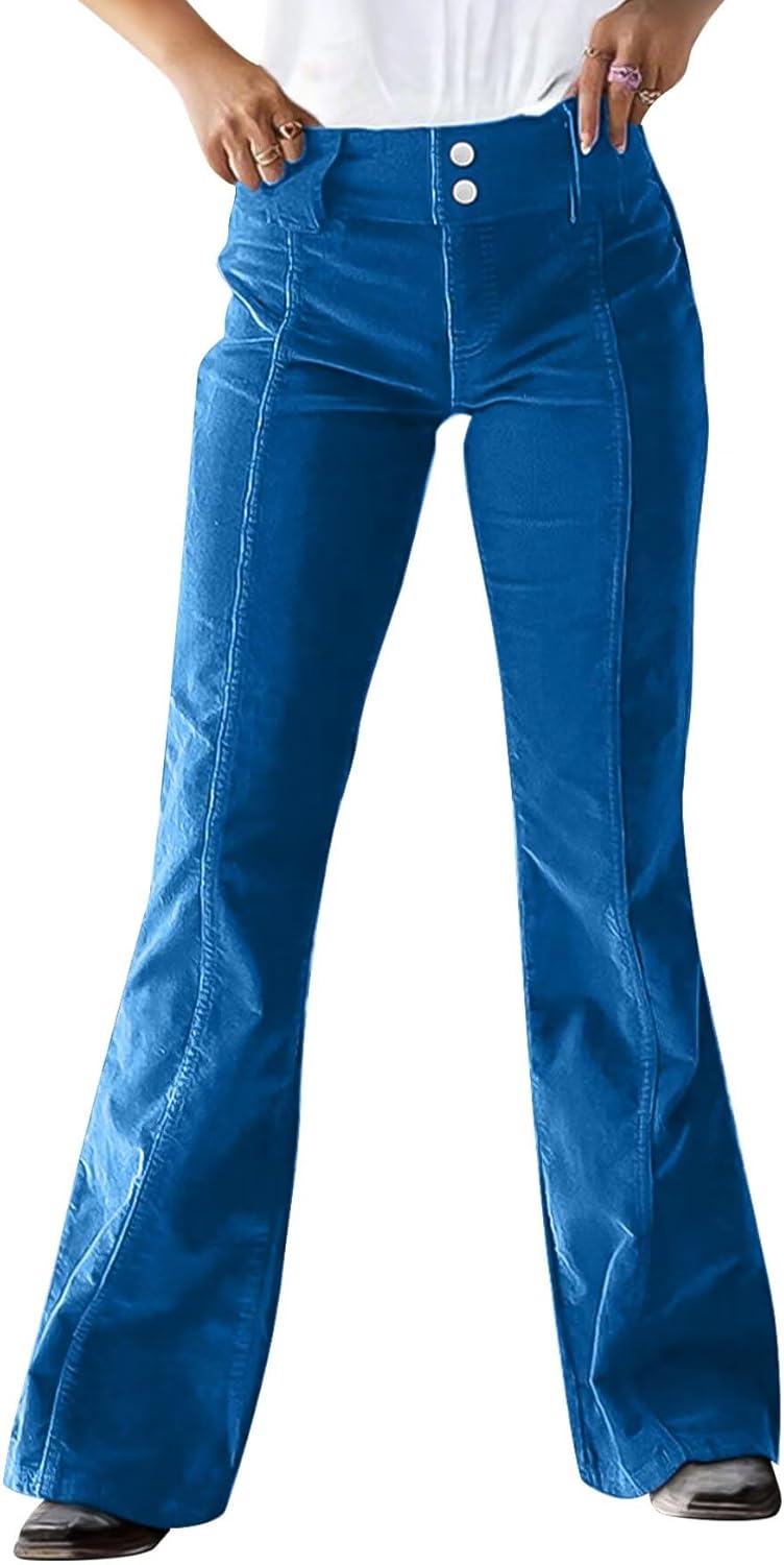 Flamingals Mid Rise Corduroy Pants for Women Seam Front Double Button Work Trouser Flare Pants Trendy