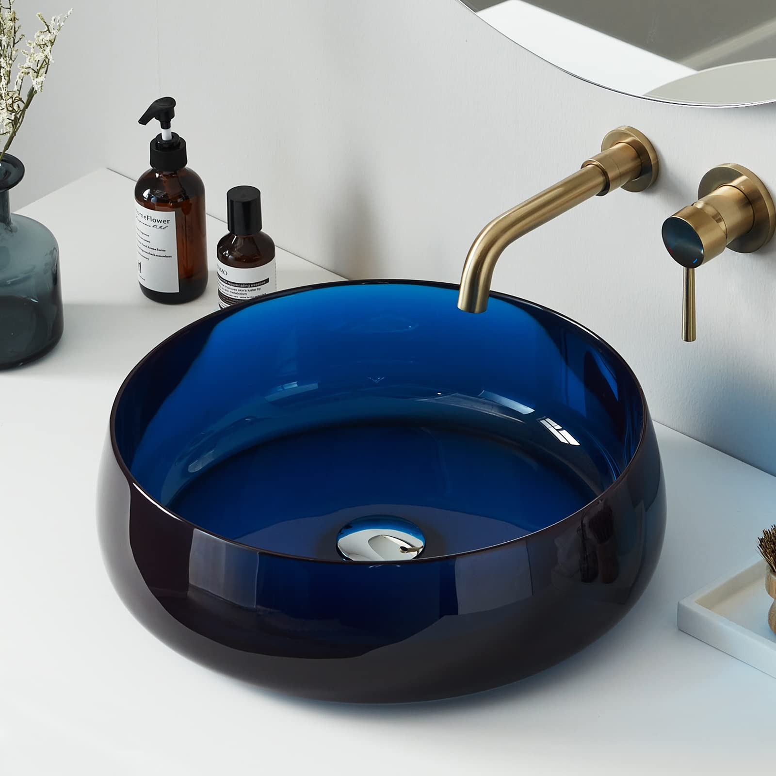 Cpingao Bathroom Sink Translucent Resin 17.7'' Round Bathroom Vessel Sink, Above Counter Vessel Sink Basin with Pop-up Drain (Blue)