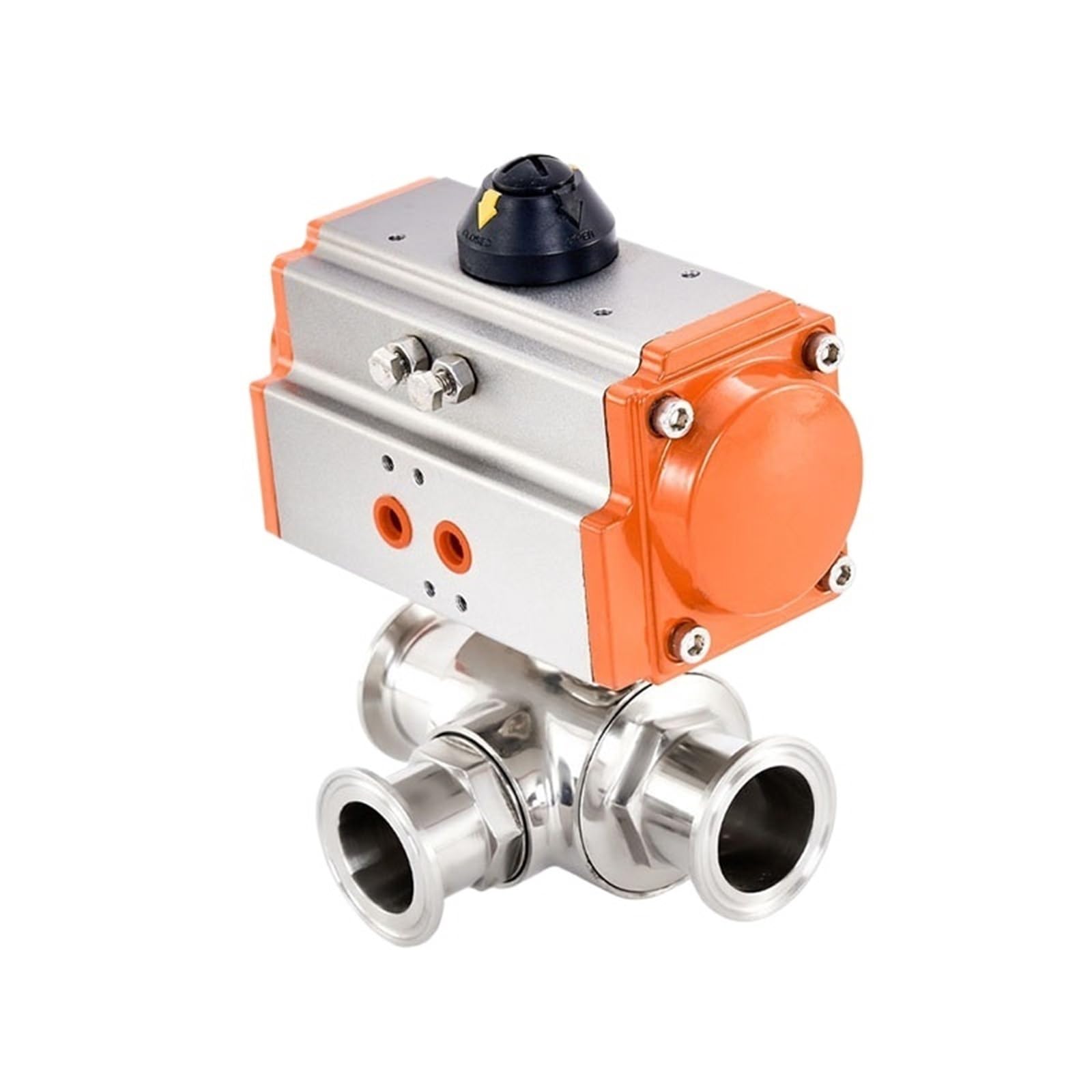 Vanne pneumatique 3 voies 51mm acier inoxydable double effet type T étanchéité clamp renforcée