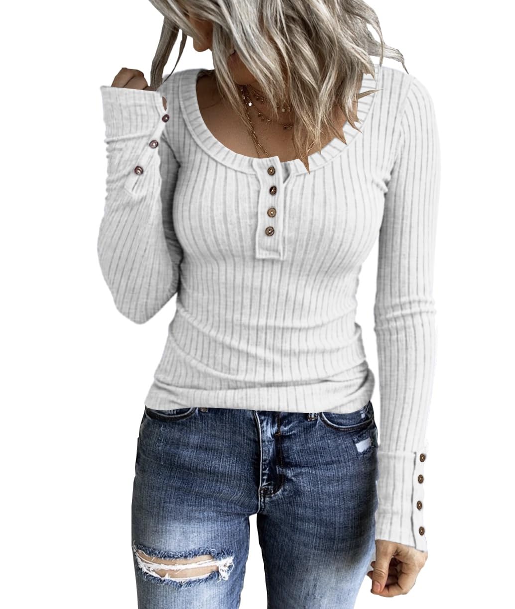 KINLONSAIR Women’s Long Sleeve Henley T Shirts Button Down Slim Fit Tops Scoop Neck Ribbed Knit Shirts