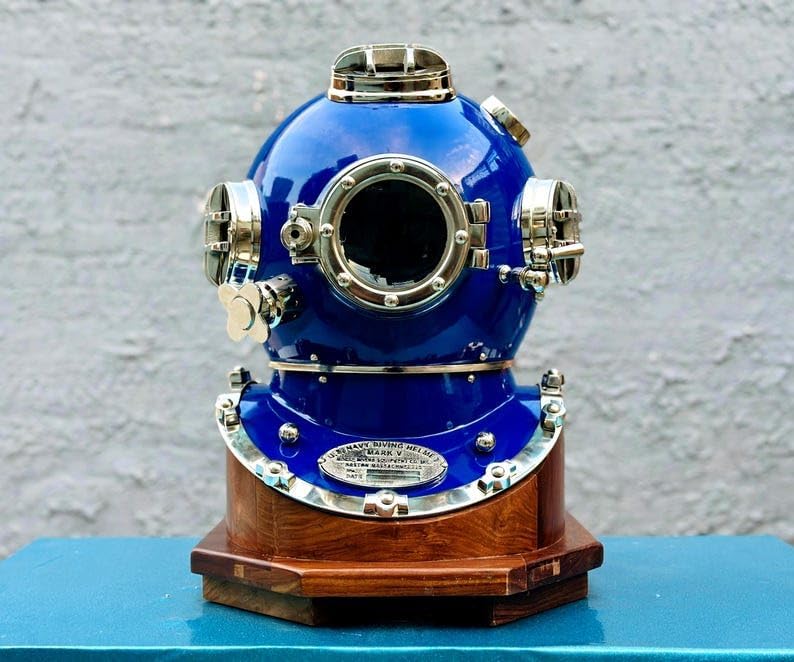 Scuba Diving Helmet with Wooden Base | US Navy Mark V Deep Sea Nautical Helmet | Maritime Ship's Decorative Helmet