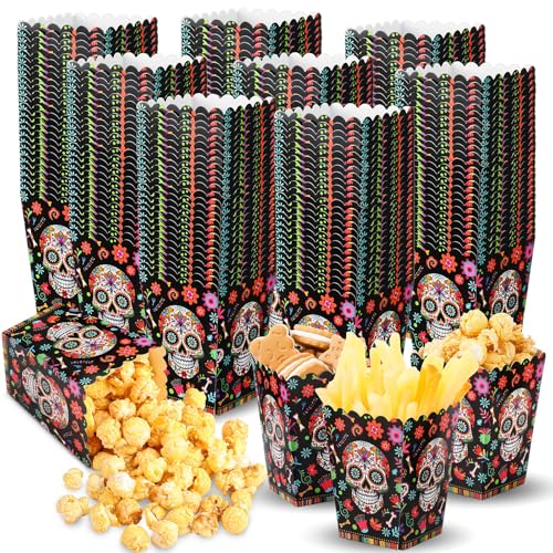 Image of MotiMind 100 Pcs Day of the Dead Popcorn Mini Box Halloween Sugar Skull Popcorn Containers Bulk Dia De Los Muertos Paper Treat Snack Candy Boxes for Dia De Los Muertos Halloween Themed Party Supplies