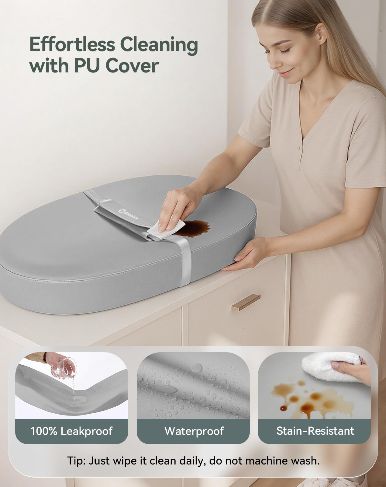 COMOMY Cambiador de piel vegana, 80 x 40 cm, impermeable y lavable, con cinturón de seguridad y diseño antideslizante, suave y ligera, color gris