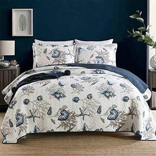 King Comforter Nautical Theme Quilt Set with Shams Cotton Beach Bedspreads King Coastal Navy Coverlet Coastal Bedding Set Sea Shell Conch Coral Starfish Oversized Quilt,King