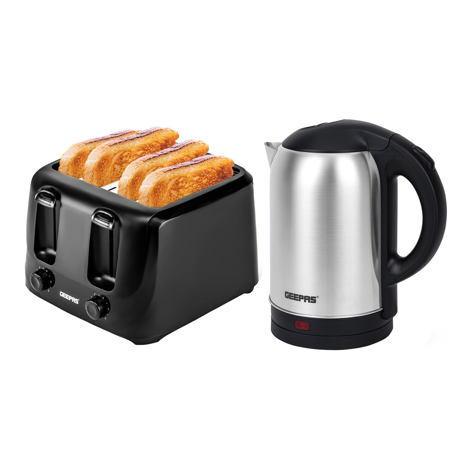 GEEPAS 1.8L Kettle & 4 Slice Bread Toaster Kitchen Set | 1500W Stainless Steel Cordless Jug Kettle Boil Dry Protection & Auto Shut Off | 1400W Toastie Machine 6 Browning Level Removable Crumb Tray
