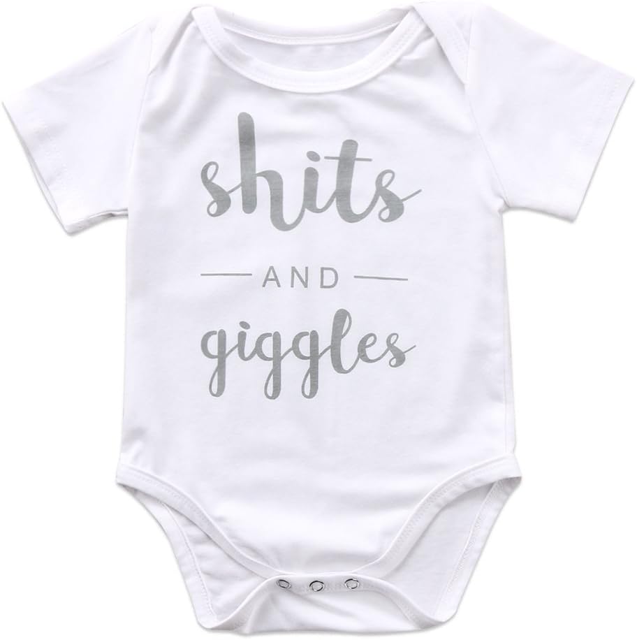 MUNIMININewborn Baby Boy Girls White Short Sleeve Giggle Romper Bodysuit One Piece Cotton Playsuit Jumpsuit