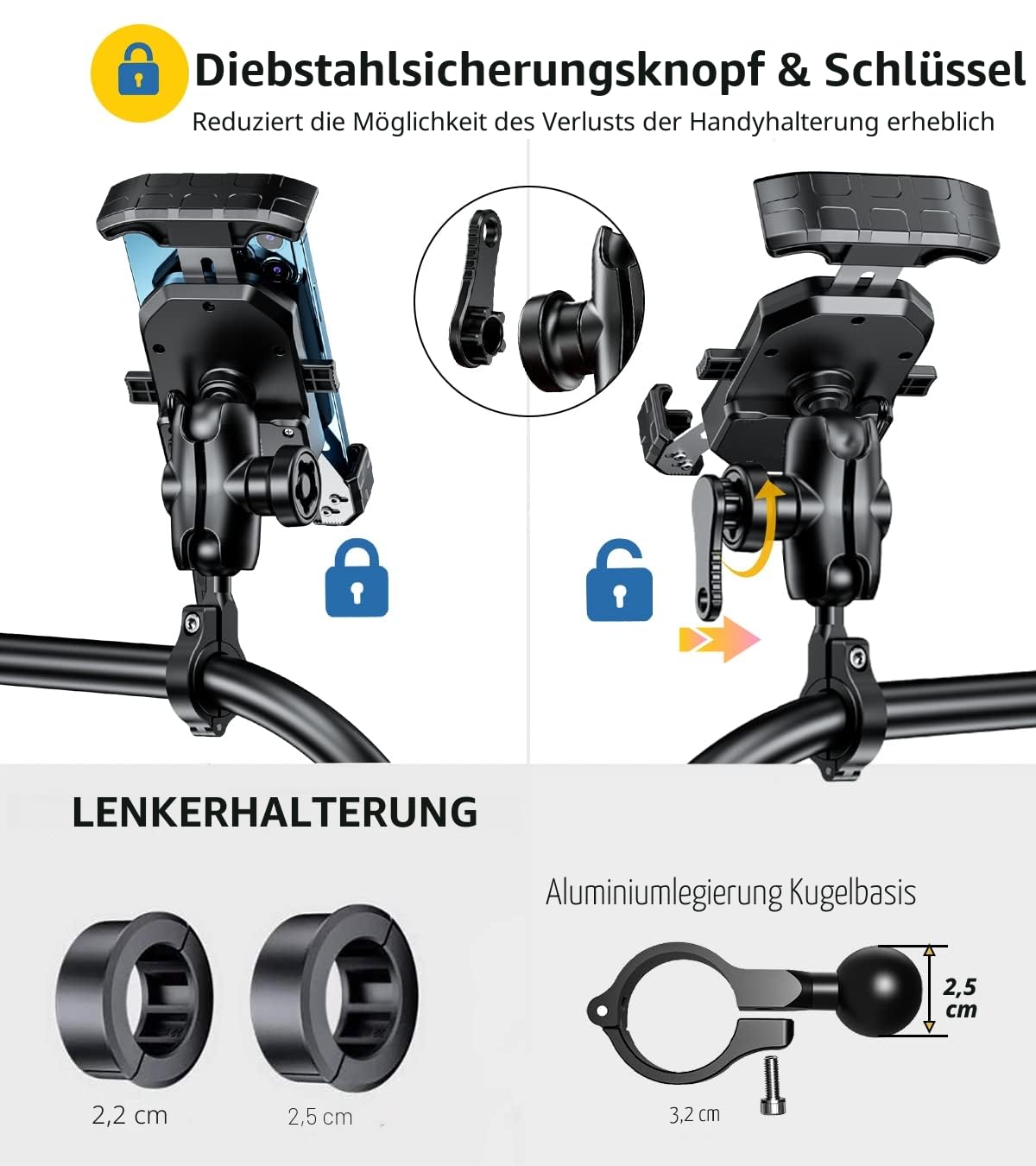 iMESTOU Anti-Diebstahl Motorrad Telefon Halterung Handlebar Ball Handy-Halter mit Aluminium 1" Ball Base 360 Rotation Universal für 4,0-7,0 Zoll Smartphones
