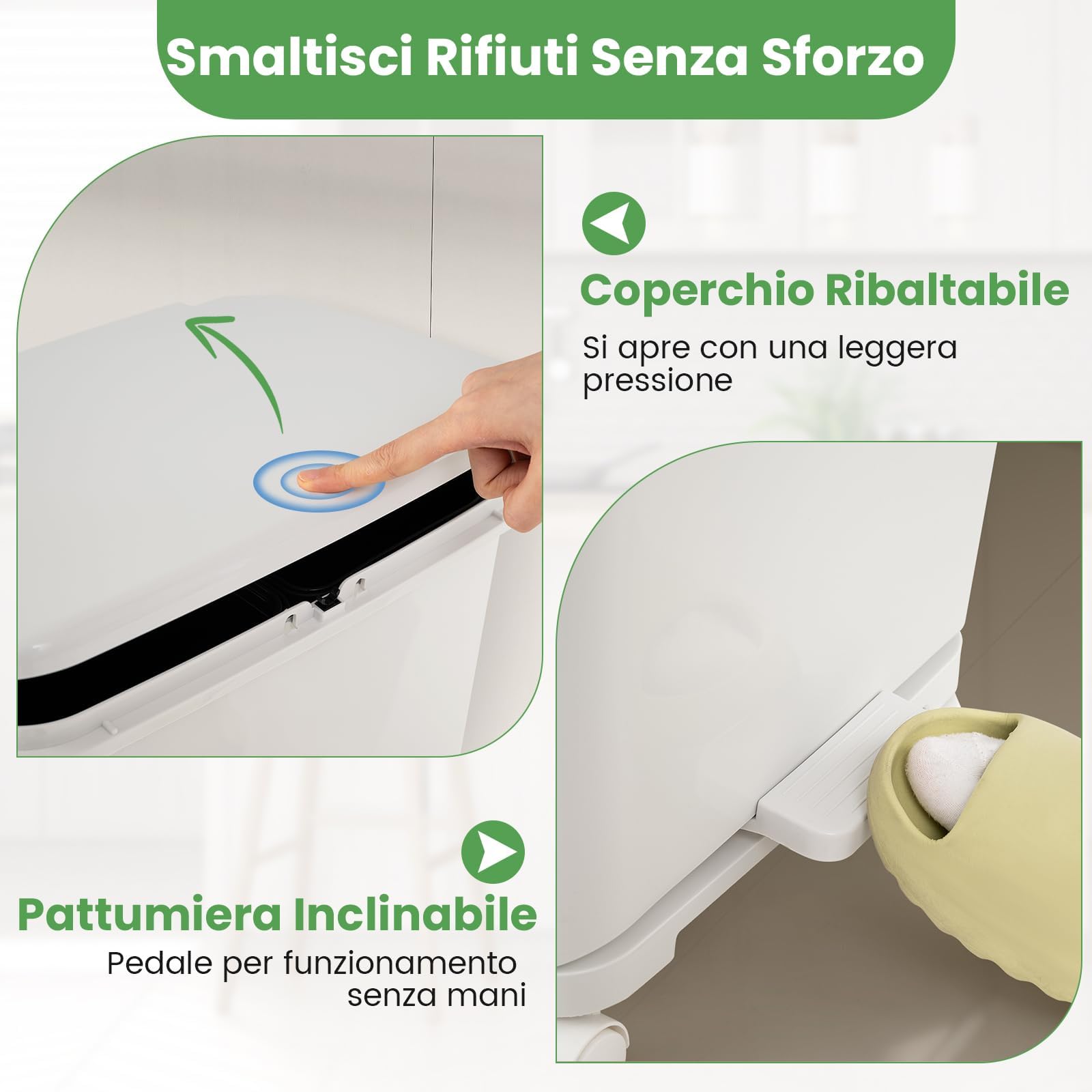 COSTWAY 40L Pattumiera Differenziata a 3 Scomparti, Bidone per Spazzatura con Cestino Rimovibile e 4 Ruote, Secchio Rifiuti a Pedale per Cucina Sala da Pranzo Soggiorno (Bianco)