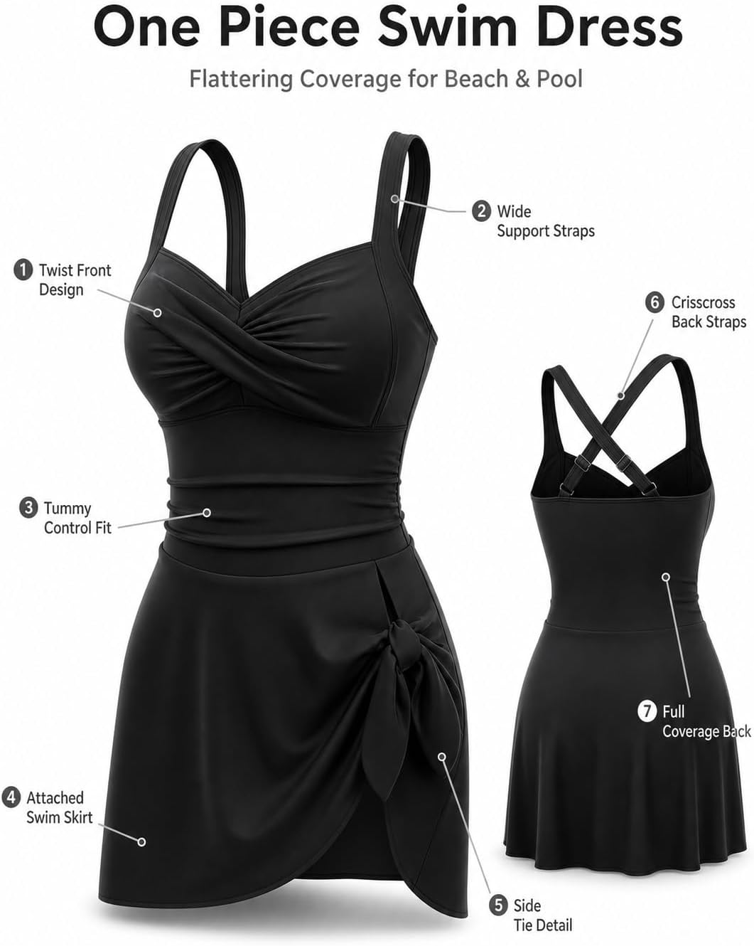 Women’s Swim Dress Tummy Control One Piece Swimsuit with Skirt