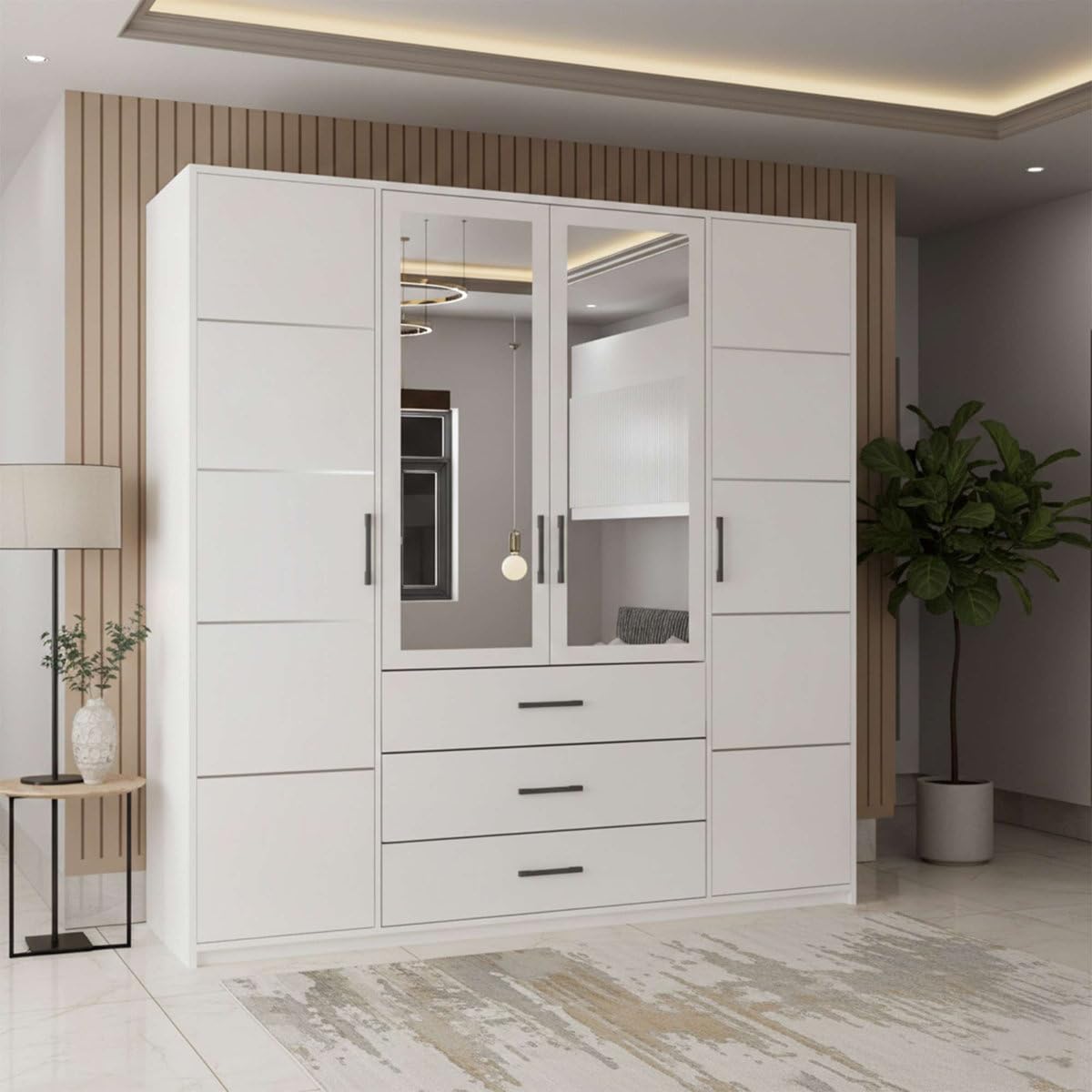 Ozone Furniture 4-Door Matte White Wardrobe with Center Mirrors | 3 Drawers, Matte Finish, Center Mirrors, 4-Door Design, Ample Storage-image-3