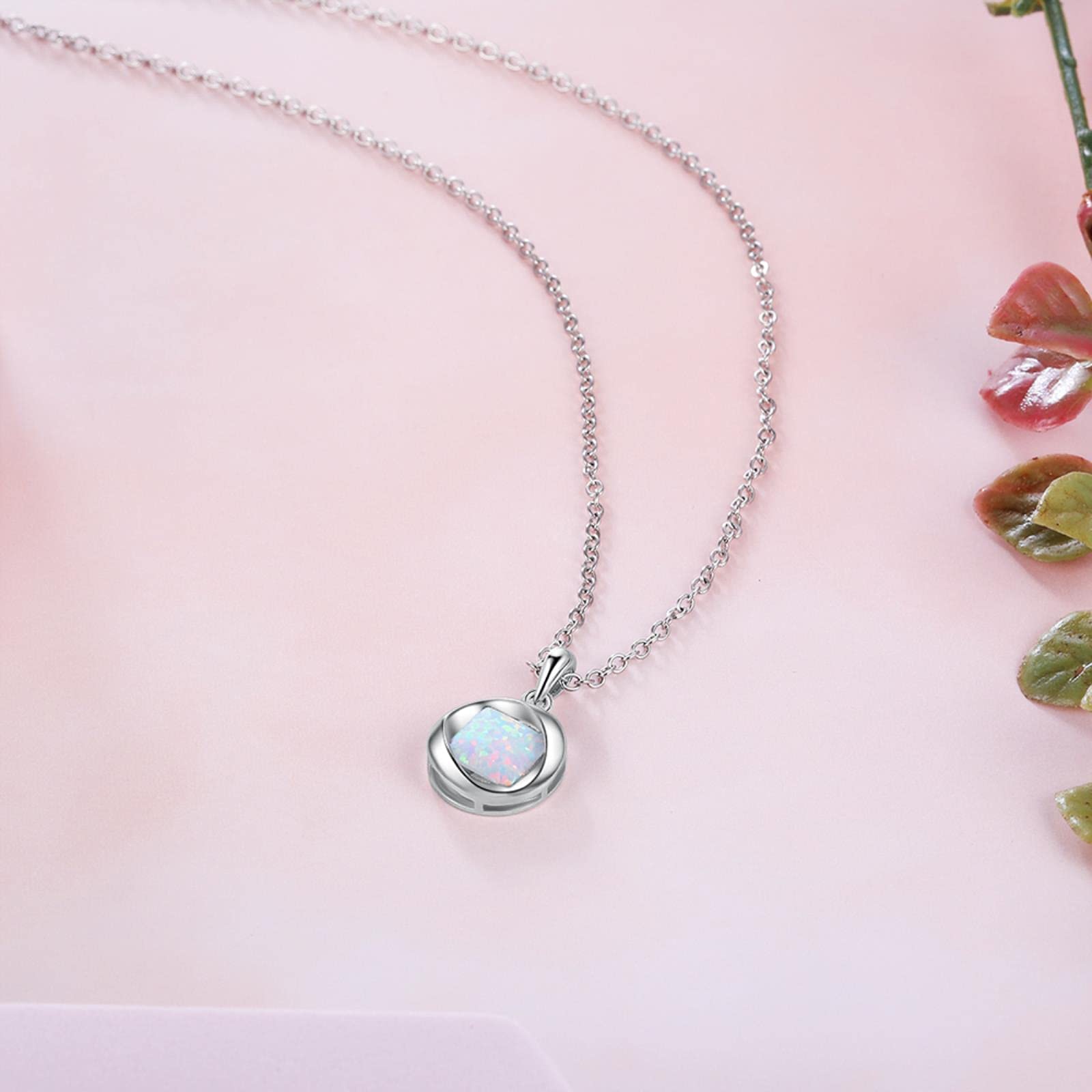 SALAN Collares con Colgante De Ópalo De Plata De Ley 925 para Mujer, Collares De Eslabones De Cadena De Piedra De Ópalo Blanco Cuadrado, Joyería Fina