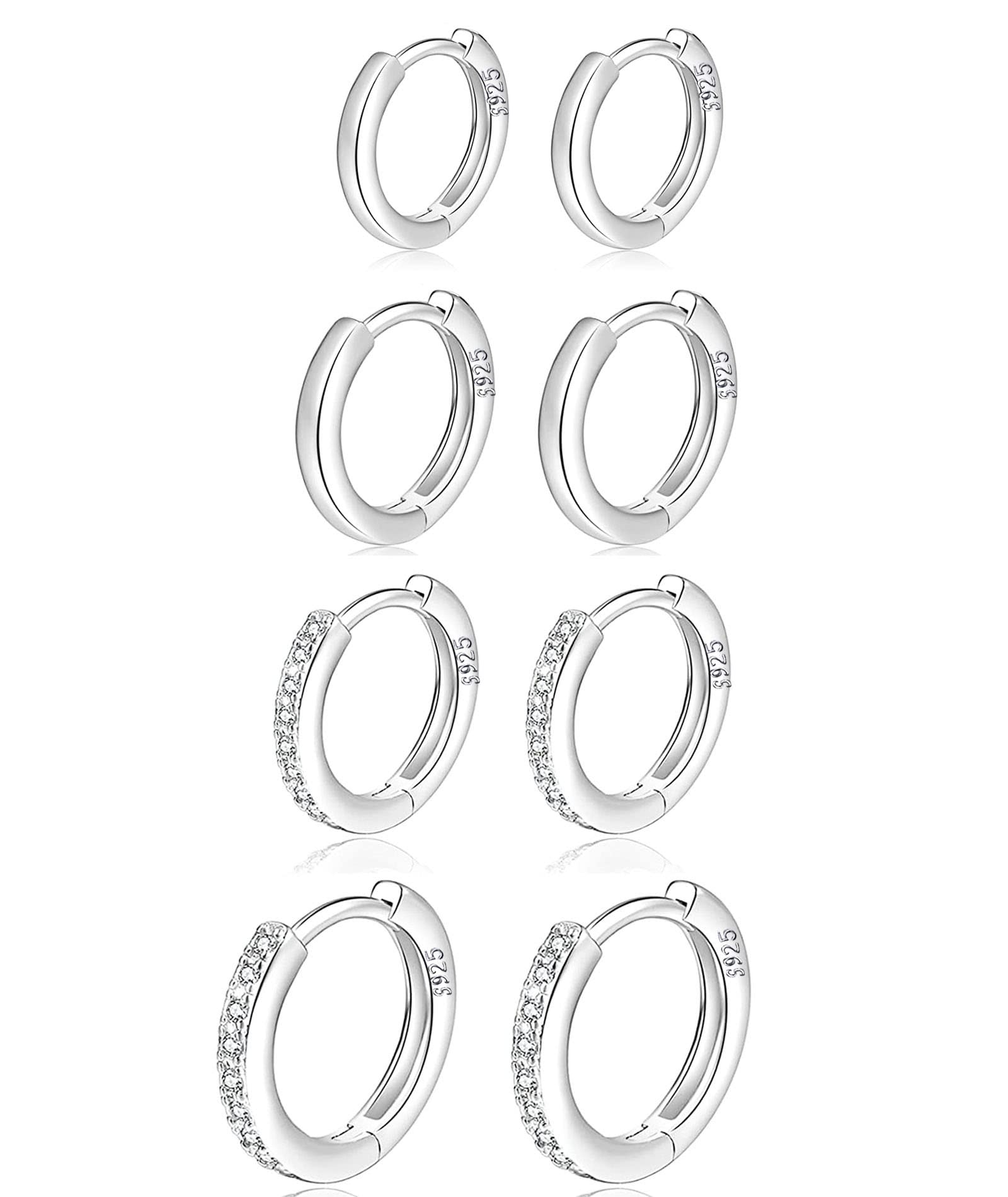 MOROTOLE 4 Paar kleine Creolen für Damen 925 Silber Post Huggie Set 18 Karat Gold/Silber Creolen Schläfer Ohrringe für Mädchen Mehrere Piercings Kleine Kugelohrstecker