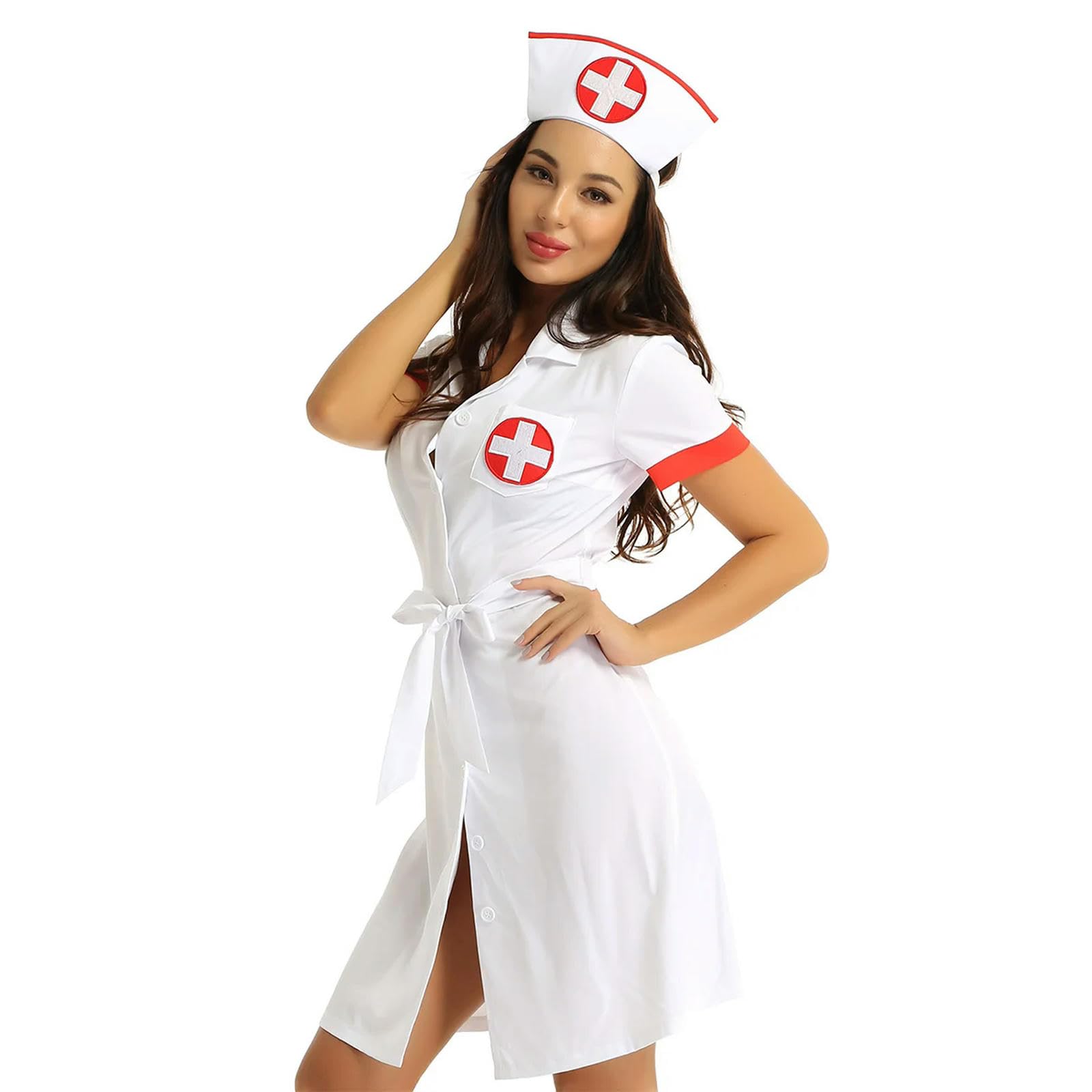 Damska pielęgniarka fantazyjna sukienka cosplay kostium z krótkim rękawem zapinana na guziki sukienka lekarska - biała-XL