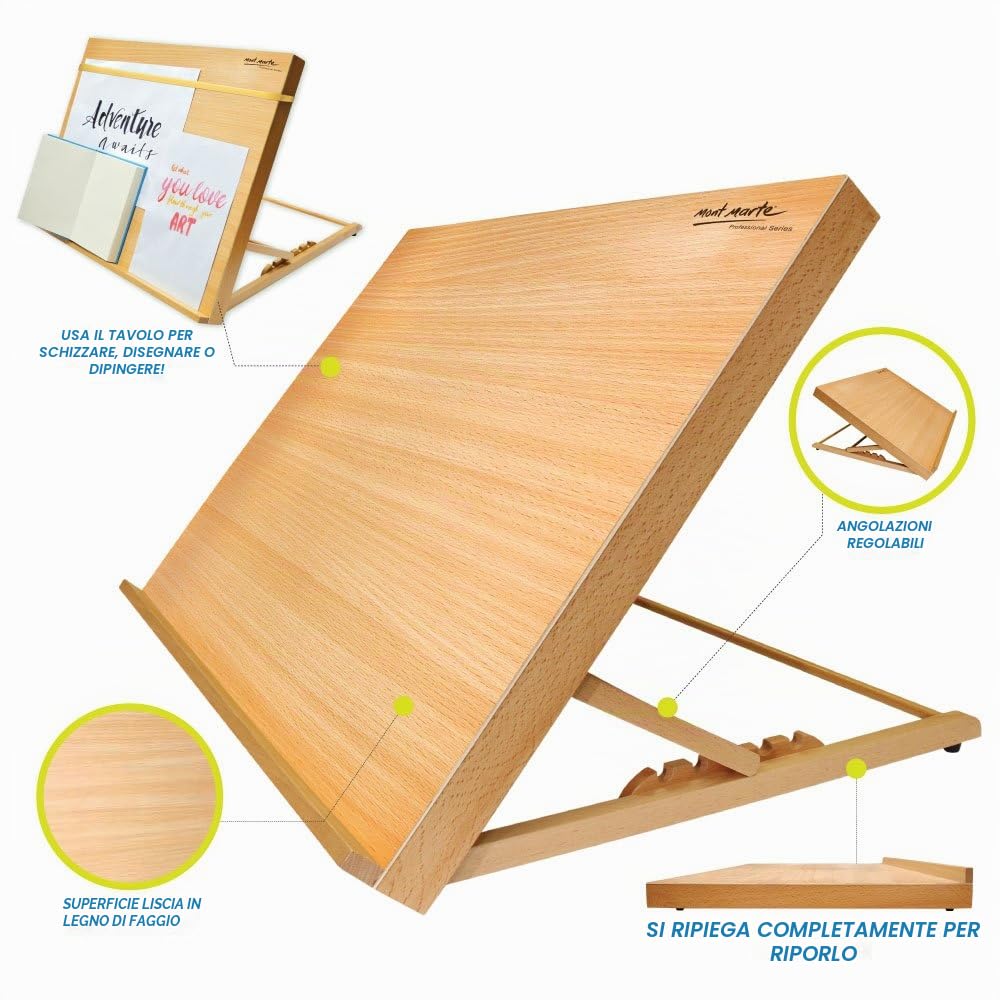 Mont Marte Lavagna da disegno in legno di faggio con elastico, formato A3, inclinabile, con fascia elastica per fissare il lavoro.