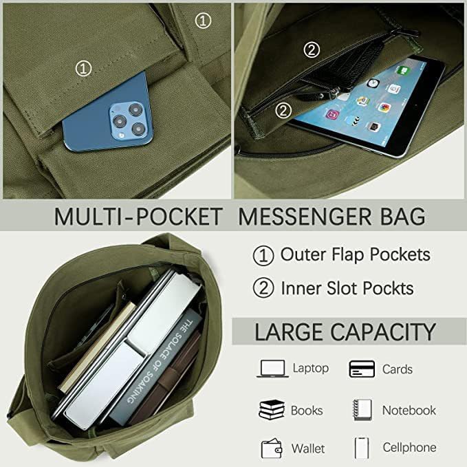 Canvas Messenger Bag Large Crossbody Bag with Multiple Pockets Canvas Shoulder Tote Bag for Women and Men - Image 4