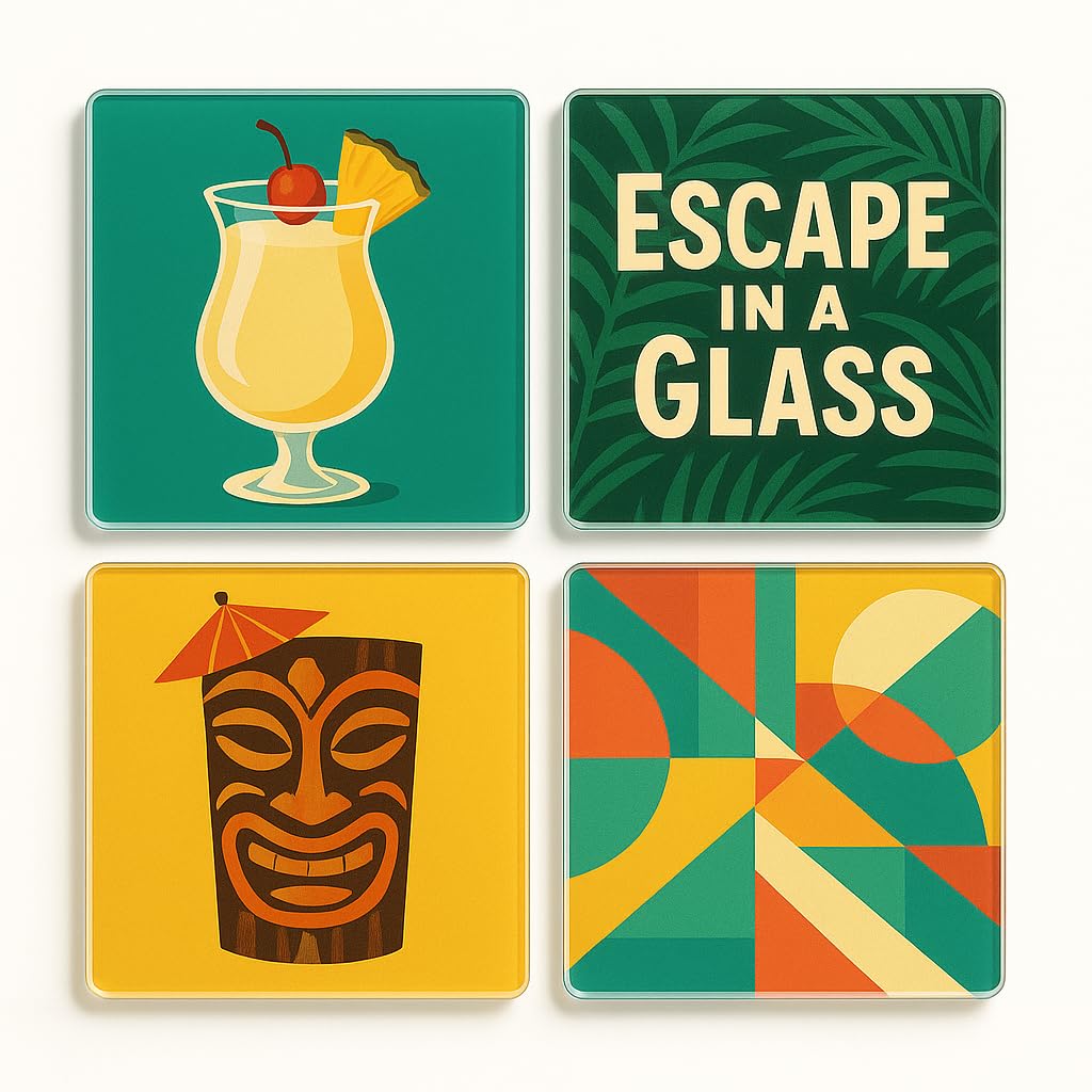 The Plum Penguin Piña Colada Tiki Vibes Acrylic Coaster Gift Set Of 4 With 1960S Tiki Bar Revival Design - Tropical Vibe Piña Colada Home Decor For Cocktail Enthusiasts