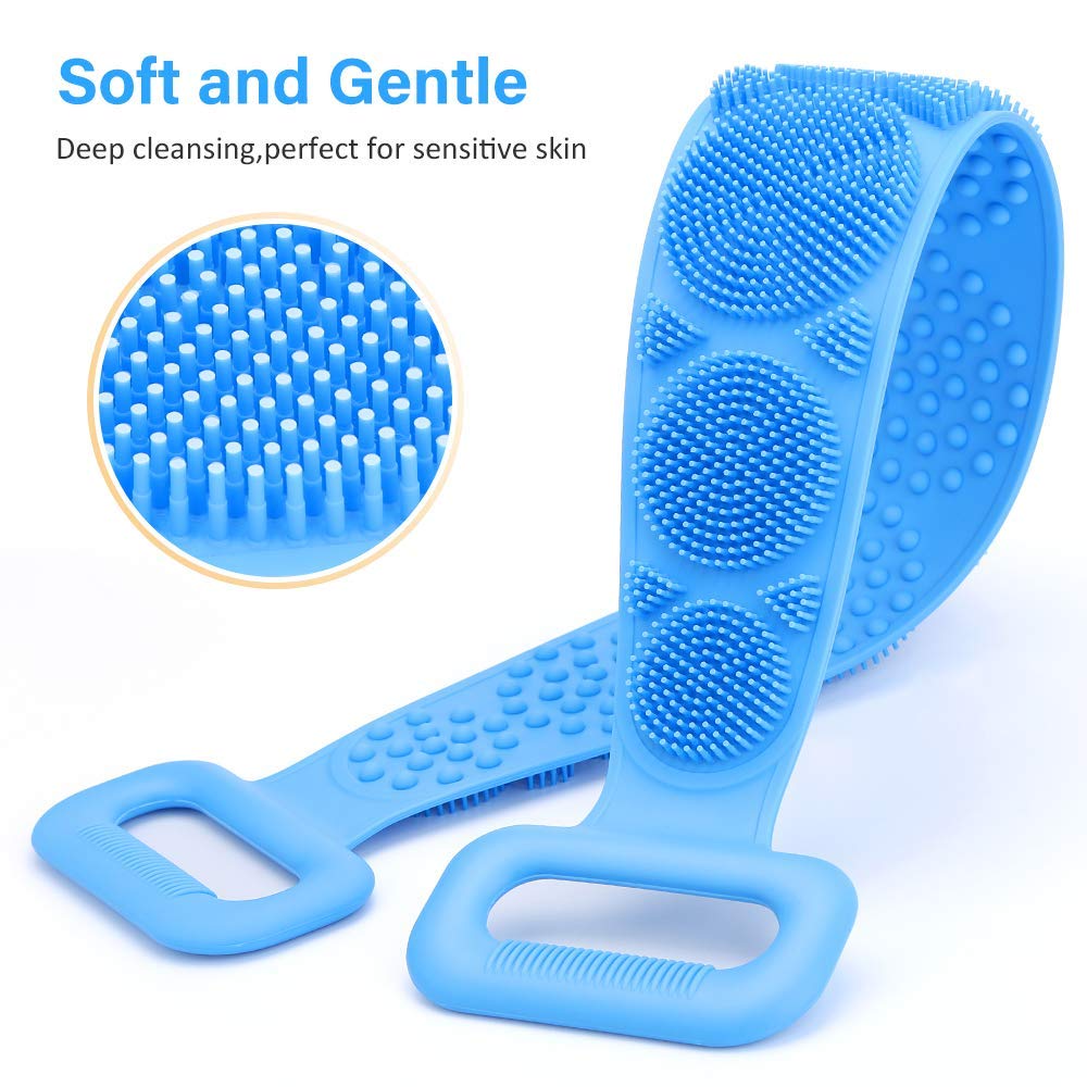 Back Scrubber for Shower, Handle Silicone Body Scrubber Shower Brush Soft Bristles Deep Clean Exfoliating Improve Back Skin Massage for Men and Women(Blue)