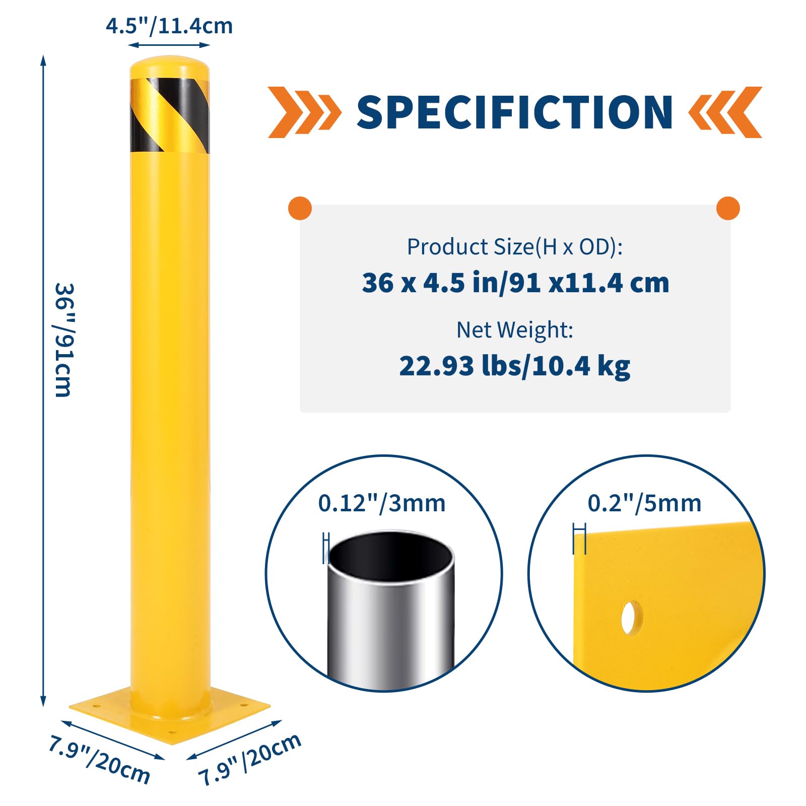 Juego de 2 Bolardos de Seguridad de Acero Q235 91 cm x 11,4 cm, Poste Anticolisión para Protección de Aceras, Carreteras y Parking, Incluye Pernos de Expansión y Herramienta