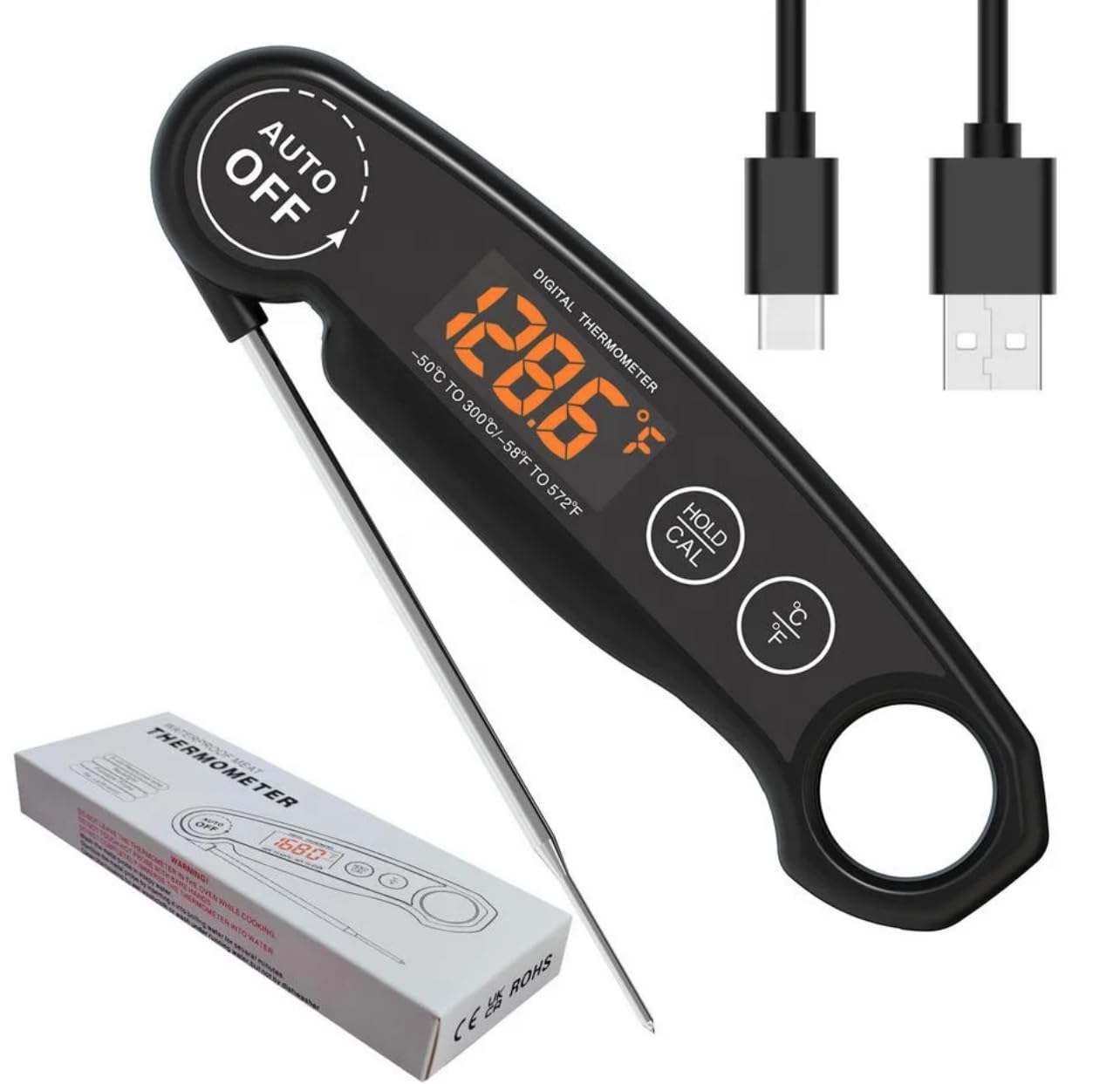 Meat Thermometer Rechargeable for BBQ and Cooking - 3 to 4S Instant Read Candy Cooking Food Thermometer, LED Display, Temperature Calibration Waterproof for Oil Deep Fry BBQ Grill Smoker (Black)