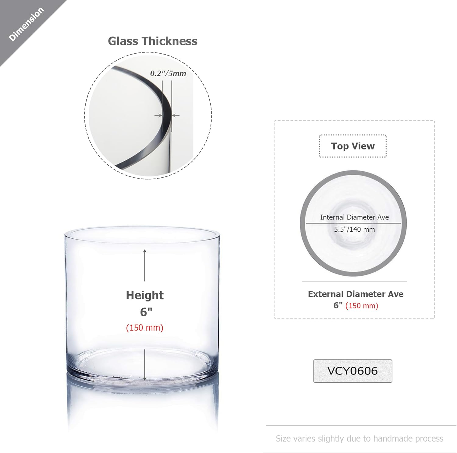 WGVI Thick Weighted Clear Right Cylinder Glass Vases, 6" W x 6" H, Equilateral Cylinder Glass Candle Holders Flower Arrangement Centerpieces Storage Container Brush Pen Holder, Bulk Wholesale, 6 Pcs