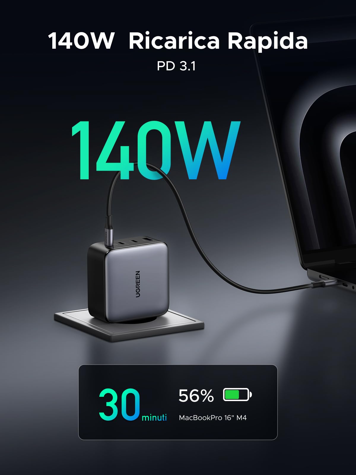 UGREEN Nexode 200W Caricatore USB C Carica Rapido 140W PD 3.1, Caricabatterie GaNInfinity Compatibile con iPhone 16 15 14 13 12, Galaxy PPS 45W S24 23 22 Ultra, Pixel, iPad, MacBook M4 M3