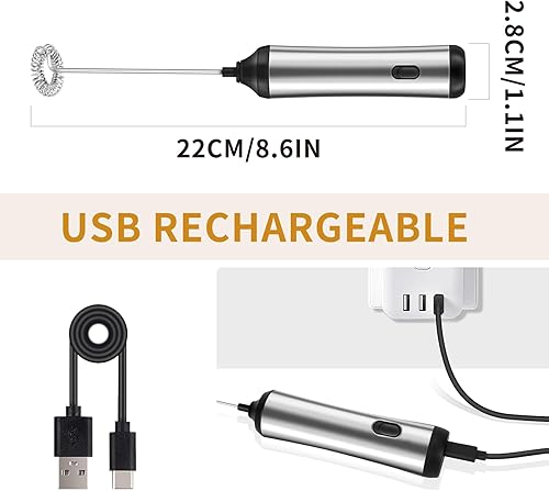 Miniatura 7 de FYY Varita espumadora de leche de mano, máquina eléctrica de espuma con batidor de acero inoxidable, mezclador de bebidas recargable con cable USB-C
