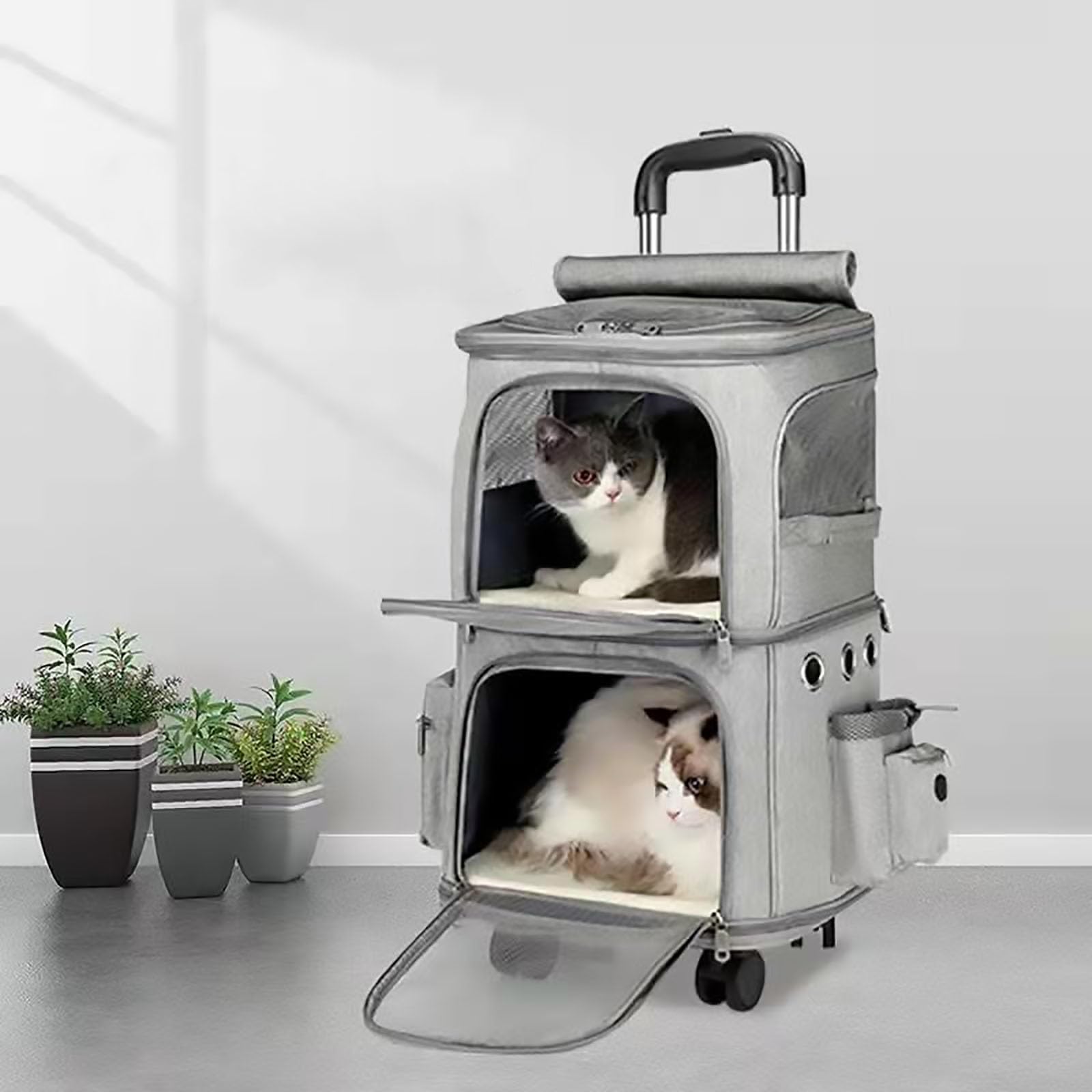 Pucaru Double Layer Pet Trolley Bag, Cat Carrier with Wheels, Dog Carrier Airline Approved, Double Level Space, with Wheels Removable
