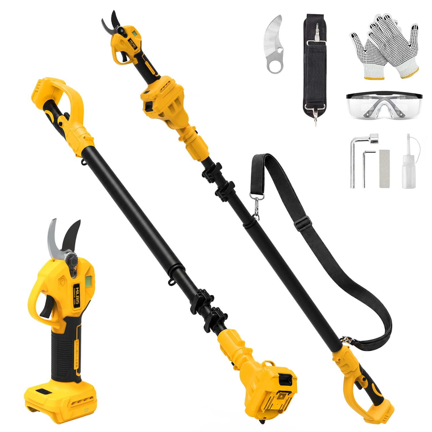 MILBIS Pole Electric Pruning Shears Compatible with DEWALT 20V Battery | 2-in-1 Cordless Power Pruner with 1.2-Inch Cut, 15Ft Reach, Brushless Motor, SK5 Blade and LED Display, Battery Not Included