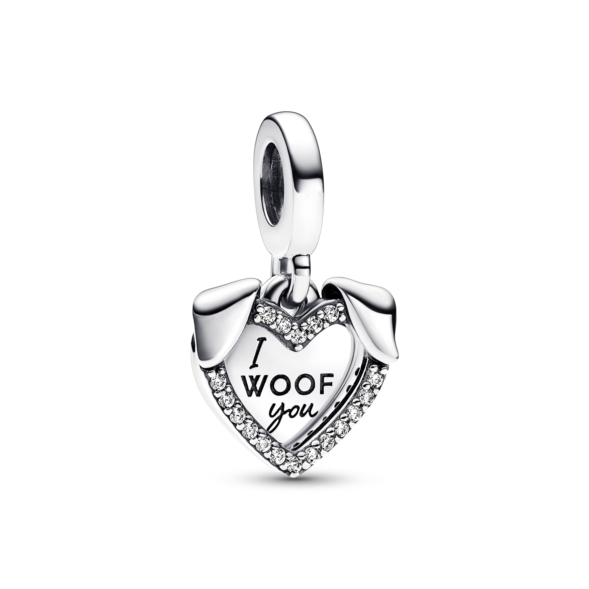 PANDORA Moments Herz & Hund Doppelter Charm-Anhänger aus Sterling Silber mit Zirkonia Moments Collection, kompatibel Moments Armbändern, 792647C01