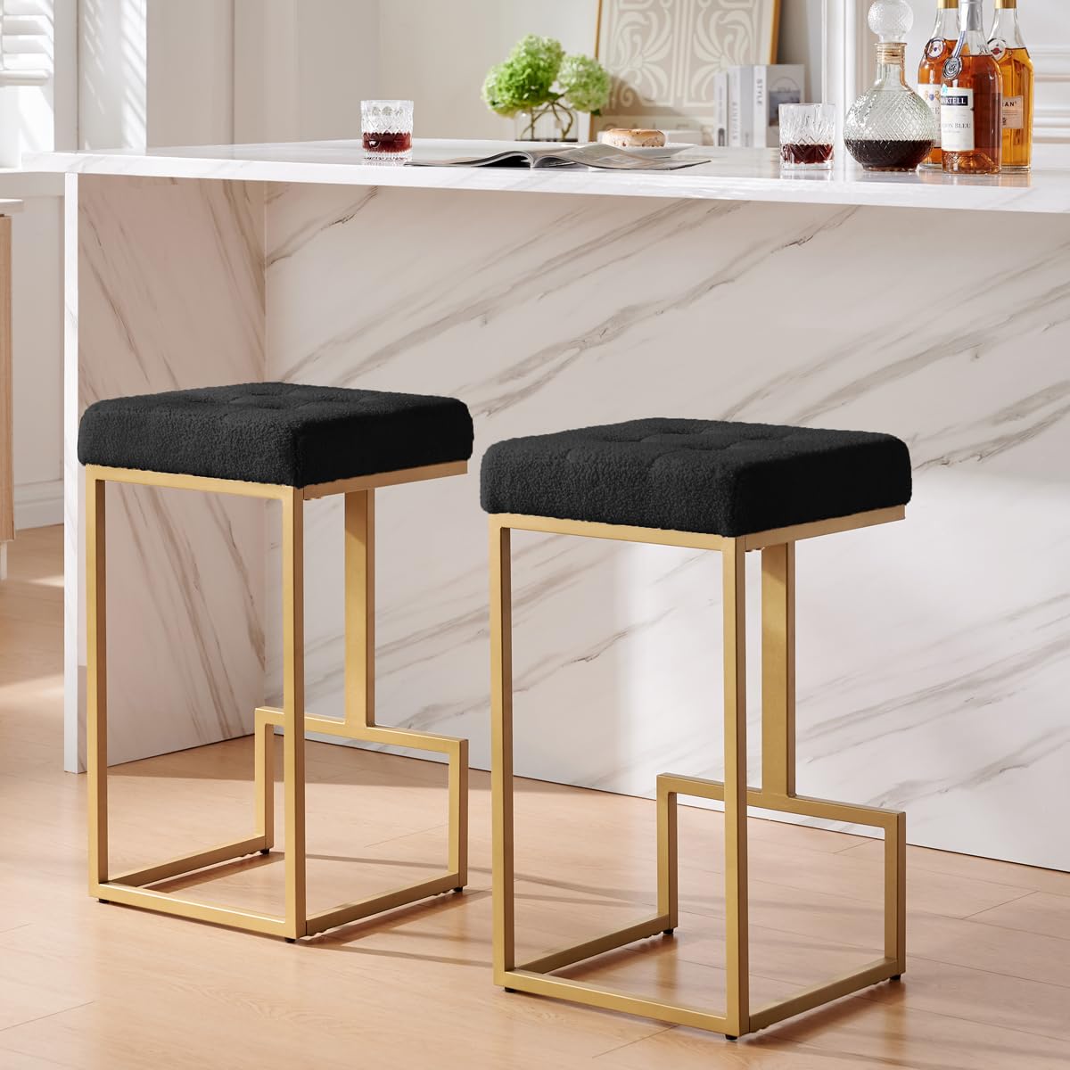 24KF Contemporary Set of 2 Counter Stool for Kitchen Island, 26" H BlackTeddy Fabric Padded Gold Barstool Bar Chair,5067-Teddy Black