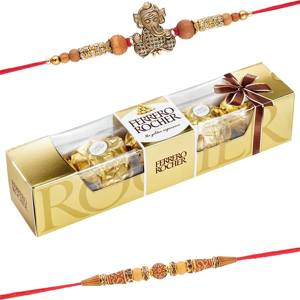 Astonished RetailSet of 2 Rakhi with 4 Pieces Ferrero Rocher | Ferrero Rocher Chocolate for Brother with Set of 2 Rakhi | Premium Rakhi Chocolate Hamper | 10