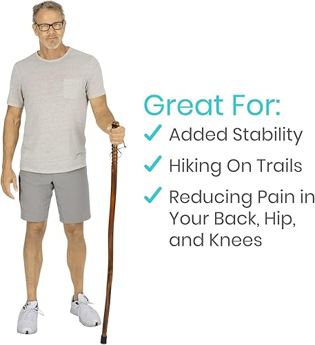 Miniatura 8 de Vive Bastón de madera para senderismo, hecho a mano, impermeable, con correa de muñeca de cuero, bastón de madera para equilibrio, mujeres, hombres,