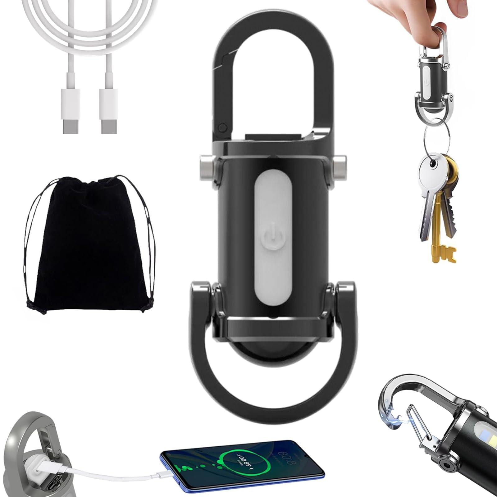 Drbrrly 1200lm Super Bright Mini Keychain Flashlight Waterproof, Keychain Flashlight Rechargeable, Keychain Torch, Key Ring Torch Mini, Keyring Light with Power Bank & 3 Modes (Black)