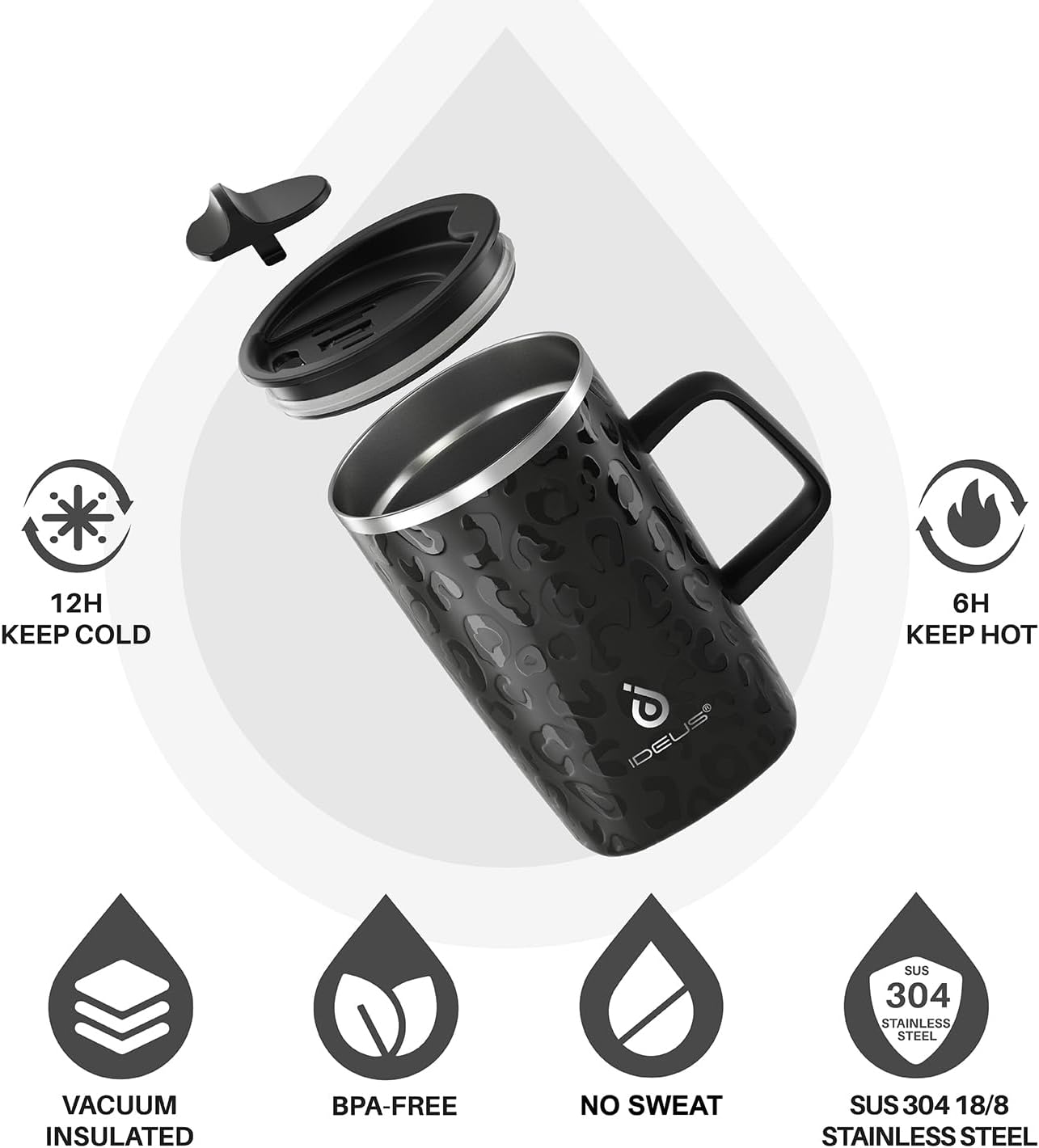 Ideus Vacuum Insulated Coffee Mug, 16oz Reusable Stainless Steel Thermal Double Walled cup with Handle and Slider Lid for Hot & Cold Beverages, BPA Free (Leapord Black) - Image 2