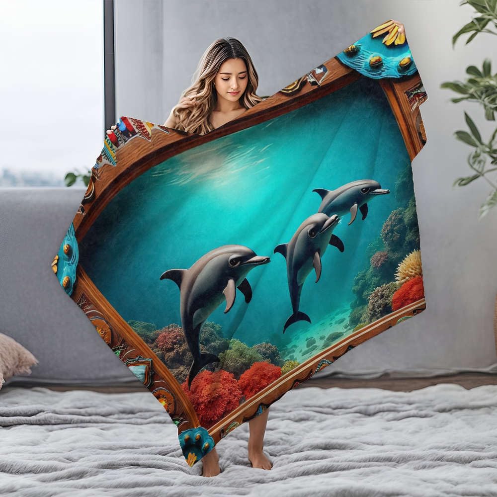 Pluszowy koc trzy delfiny pływające w podwodnej scenie. koc flanelowy niebieski koc niebieski koc (150 x 200 cm)