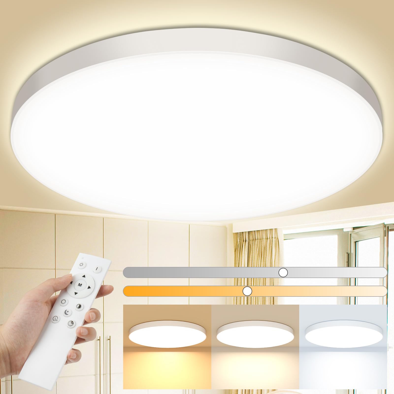 Swoieltr Plafon LED Techo, 24W 2000LM Lampara Techo con Mando a Distancia, 3000K-6500K IP44 Plafones para Techo LED, Regulable Lampara LED Techo Candeeiro Teto Cocina Dormitorio Salon Baño Ø28cm