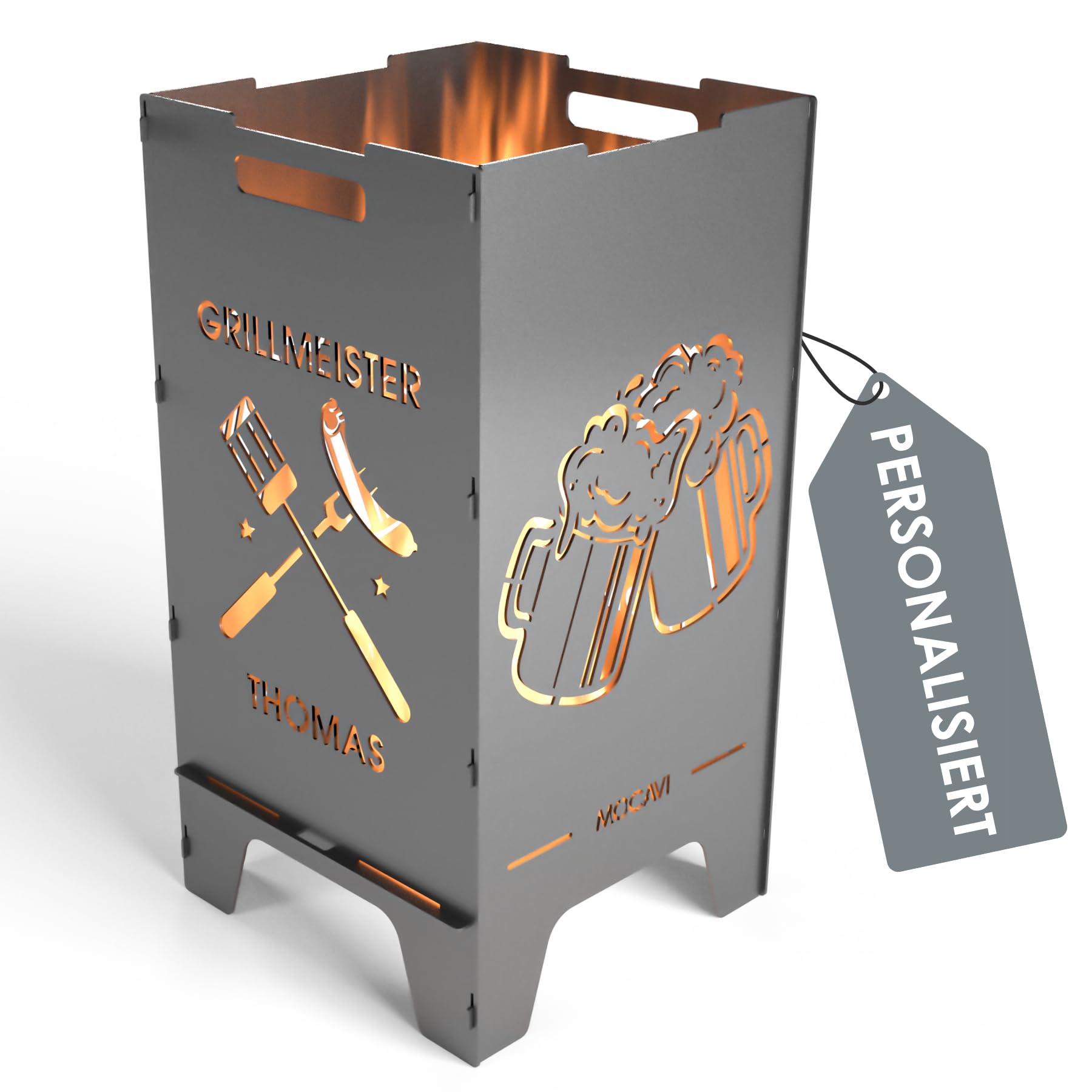 MOCAVI Feuertonne Grillen 73 cm | 3 mm Stahl personalisiert Feuerkorb Feuerschale sicher massiv robust Design-Feuerfass für Garten und Terrasse groß eckig Feuerstelle Outdoor hitzefest außen